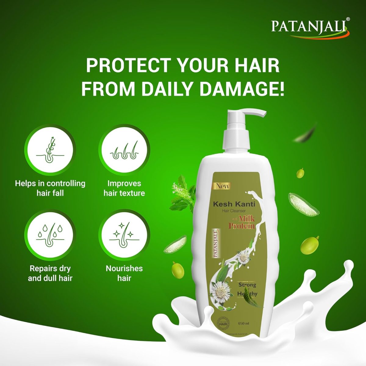 Patanjali Kesh Kanti Hair Cleanser Milk Protien Shampoo, Herbal Care for Healthy Hair, Suitable for All Hair Types (650 Ml) - Image 5