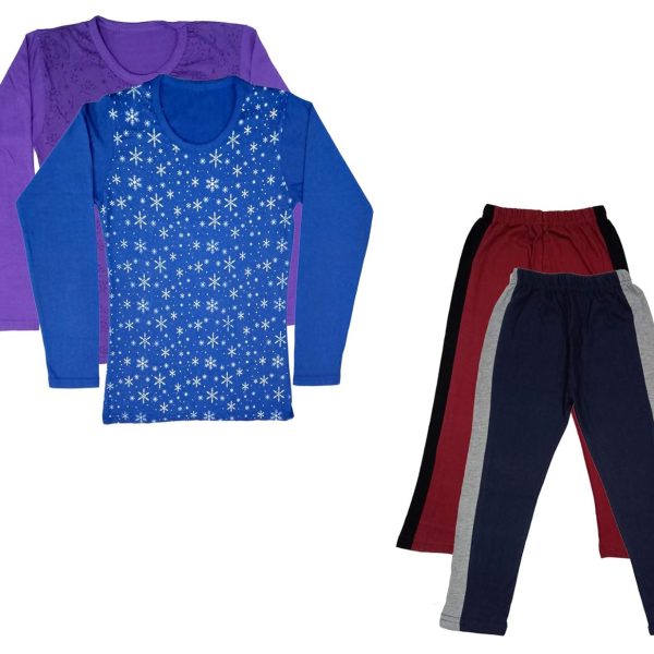 IndiWeaves Girls Cotton Full Sleeve Printed T-Shirts and Cotton Capri 3/4 Pants (Maroon,Navy Blue,Purple,Blue,15-16 Years) Pack of 4