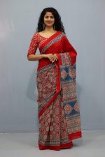 Kiaaron Women's Ikat Hand Block Print Jaipuri Cotton Mulmul Saree with Blouse Piece