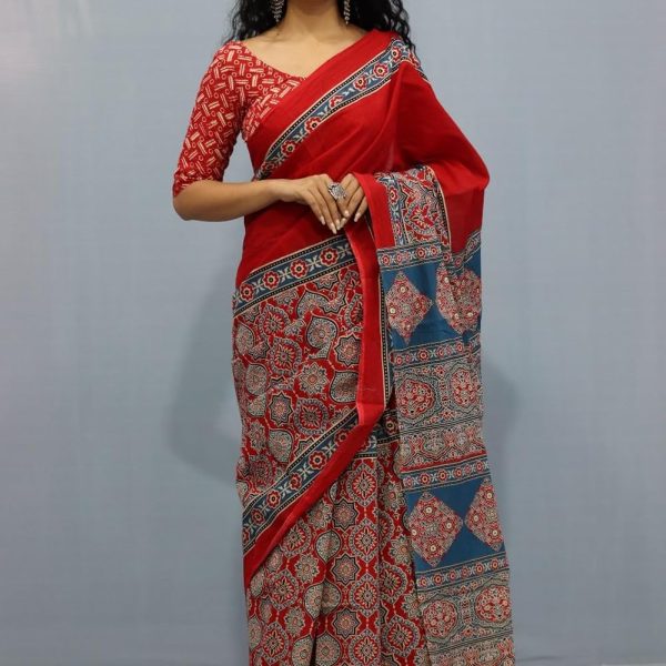 Kiaaron Women's Ikat Hand Block Print Jaipuri Cotton Mulmul Saree with Blouse Piece
