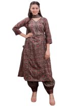 Amayra Women's Pure Cotton Printed Straight Kurta Set with Afgani Pants & Dupatta- Ethnic Wear, Brown - Image 2