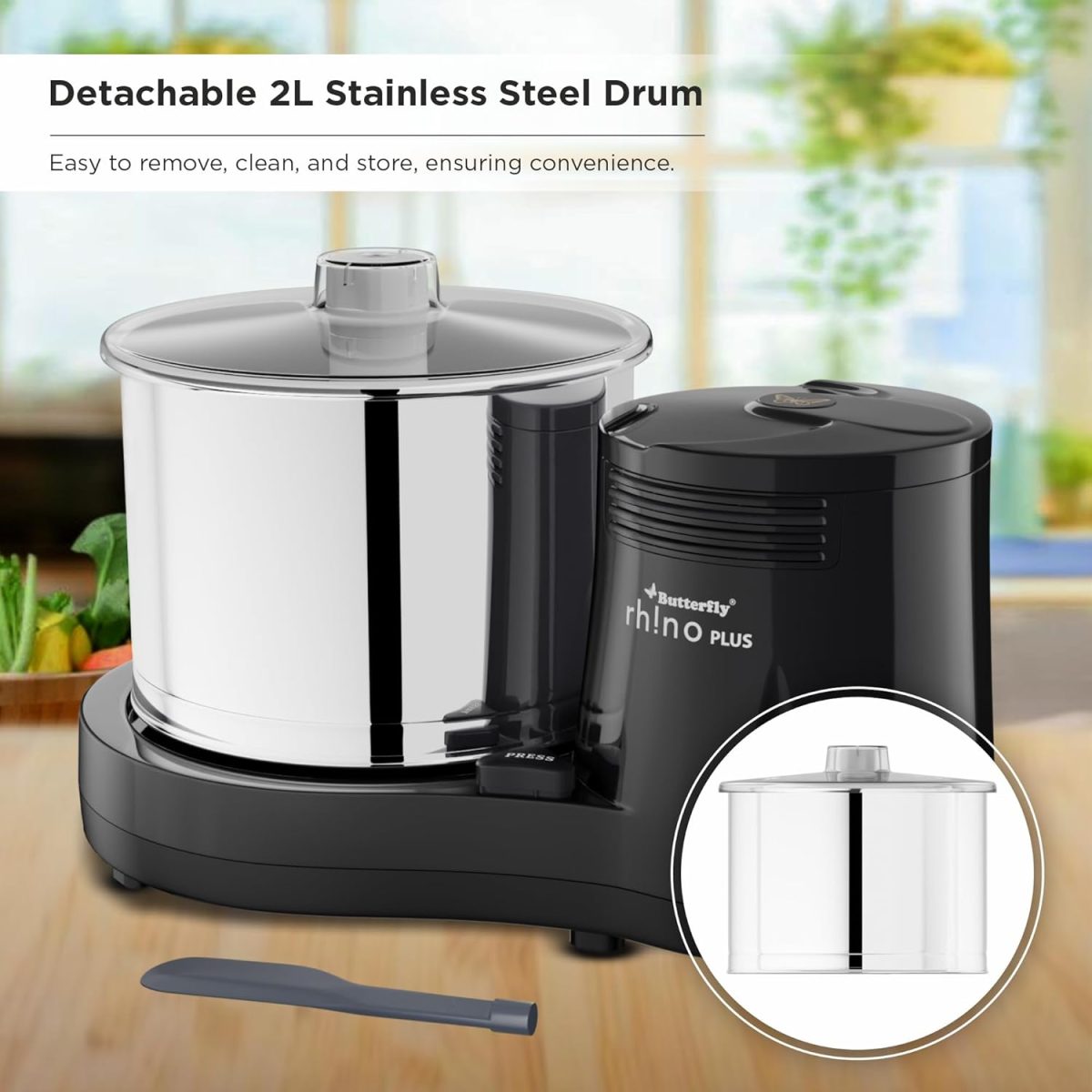 Butterfly Rhino Plus 2 Litres Table-Top Wet Grinder | 150 Watts | Shockproof ABS Body | Coconut Scrapper Attachment | Dough Kneader | Stainless Steel Drum | 2 Years Manufacturer's Warranty | Grey - Image 6