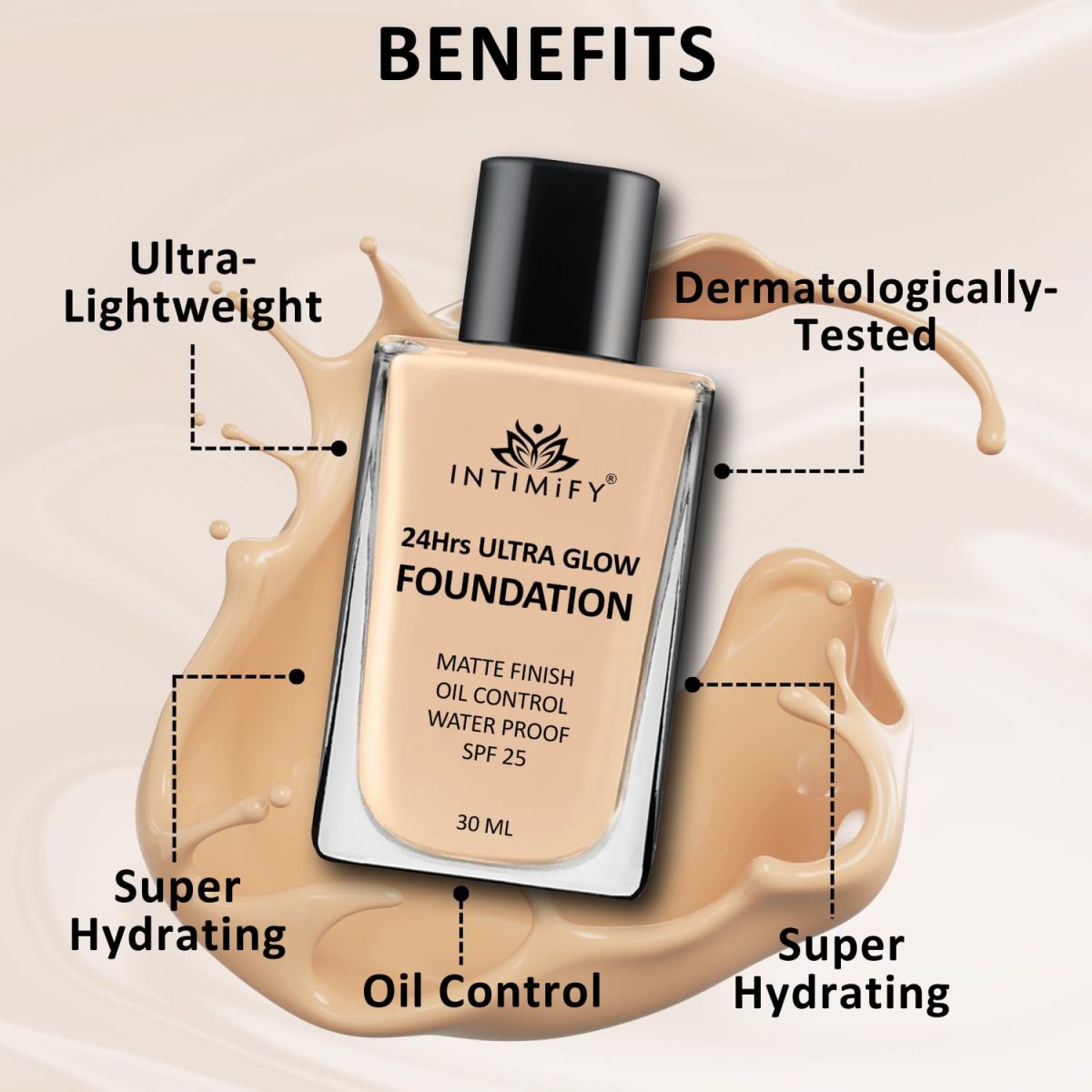 INTIMIFY Ultra Glow Foundation With Matte Finish, for Face Makeup, Oily and Dry Skin, Water Proof & SPF 25 - 10 ml - Image 2