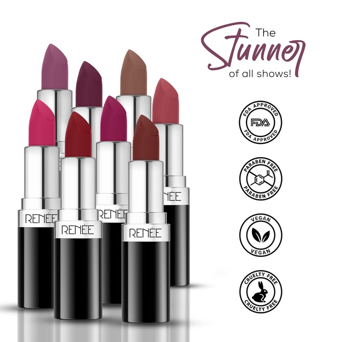 RENEE Stunner Matte Lipstick - Your Highness 4gm - Intense Color Pay Off, Full Coverage Long Lasting Weightless Velvety Formula with One Swipe Application - Enriched with Vitamin E & Hyaluronic Acid - Image 4