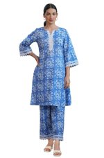 Janasya Women's Blue Pure Cotton Floral Printed Straight Co-ord Set