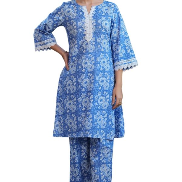 Janasya Women's Blue Pure Cotton Floral Printed Straight Co-ord Set