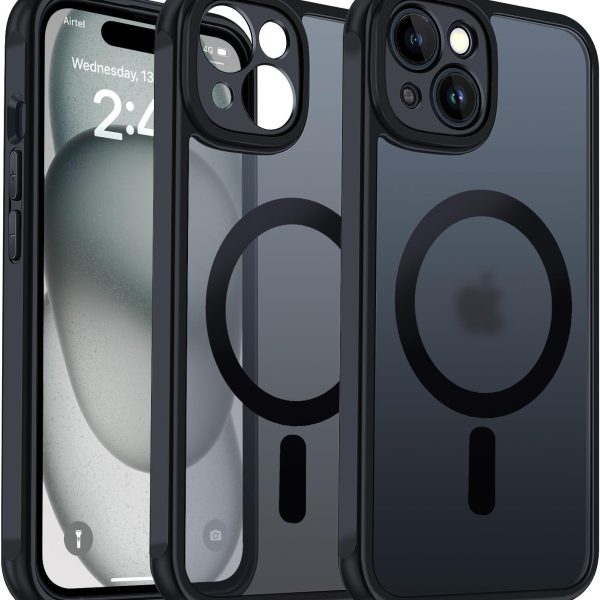 EGOTUDE Designed for iPhone 15 Case | Strong Magnet Camera Protection Translucent Matte Hard Back Cover Compatible with Mag-Safe (TPU+Polycarbonate | Frost Black)