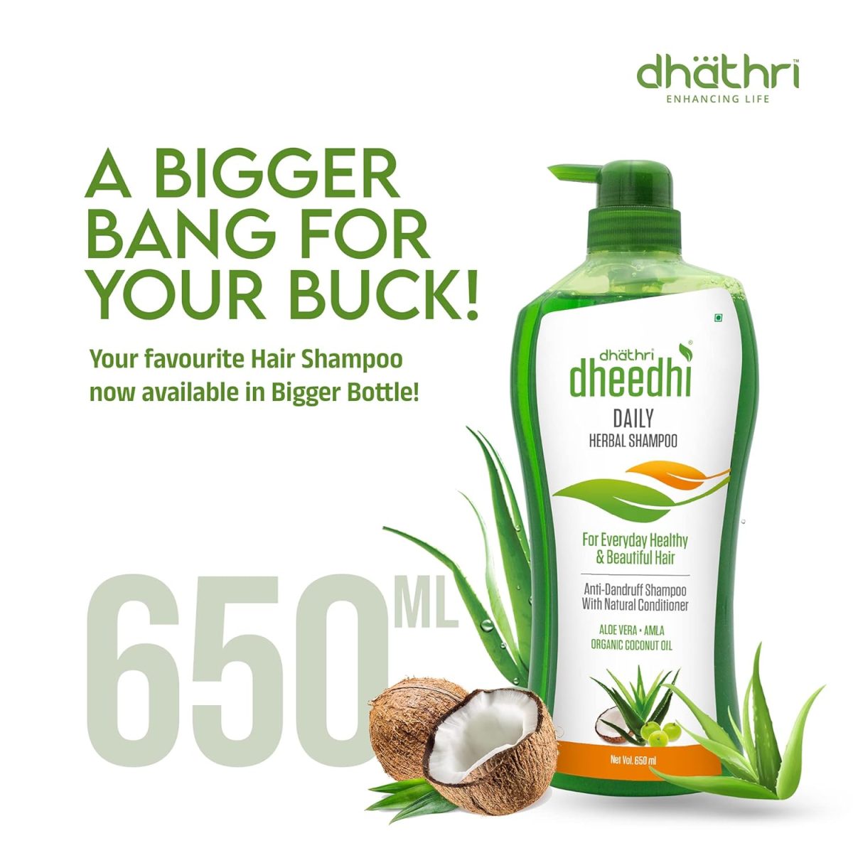 Dhathri Dheedhi Daily Herbal Shampoo to Reduce Dandruff & Promote Hair Growth, Ayurvedic Shampoo to Restore Hair Shine & Strength (650ml) - Image 2