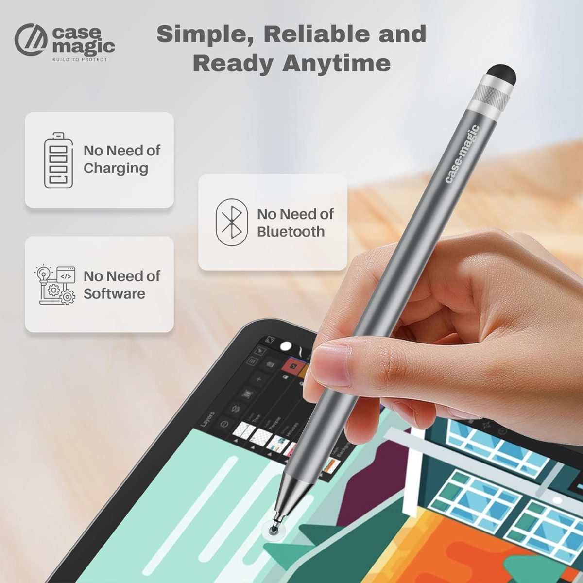 Case-Magic 2 in 1 Universal Stylus Pen with Fine Point Disc Tip+ Rubber Fiber Tip| for Smartphone/Tablet/iPad/Pro/Air/iPhone/iOS/Android/All Touch Screens| Aluminum Body (Grey) - Image 6
