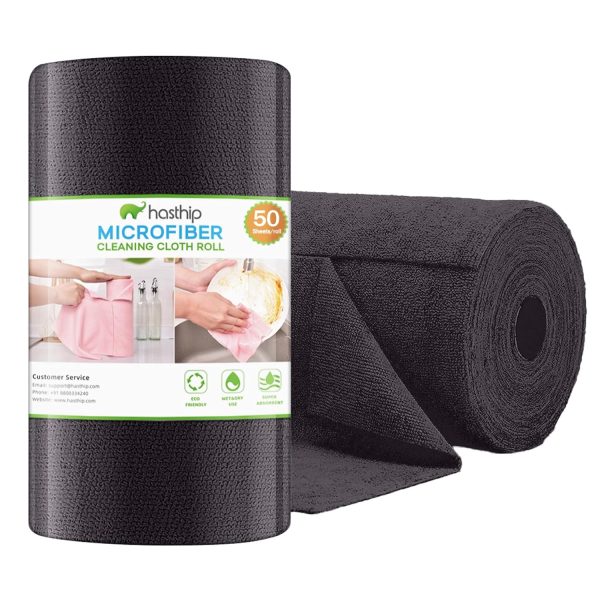 HASTHIP® 50 Pack Microfiber Cleaning Cloth Roll 9.8 Inches Precut Reuseable Polyester Kitchen Clean Wipes Non-Scratch Clean Towel For Bowl Pots Countertop In-Car, Black
