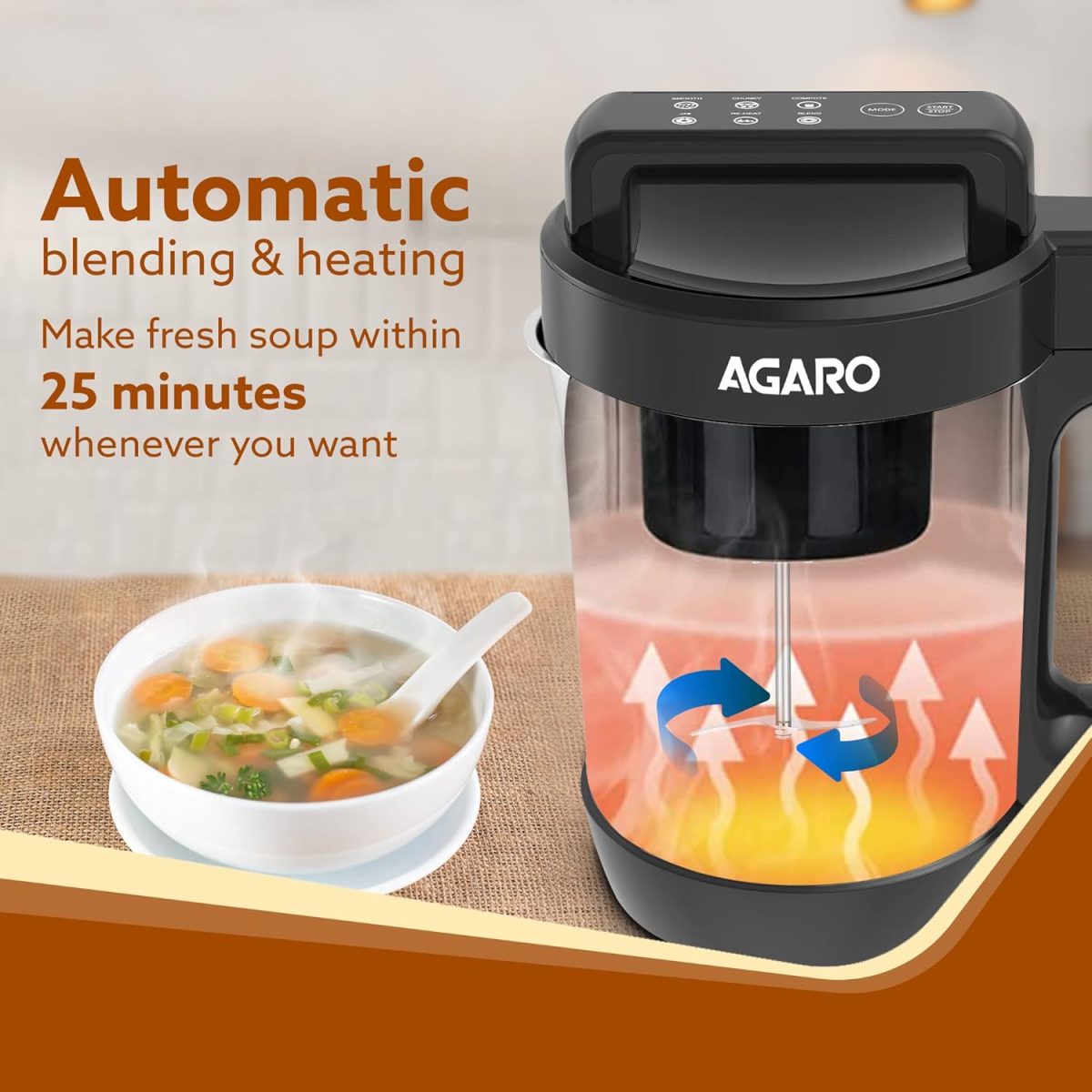 AGARO Elite Soup Maker, 1 Litre, Automatic Blending & Heating,6 Preset Cooking Functions, Copper Motor, Stainless Steel Blades, Grey - Image 3