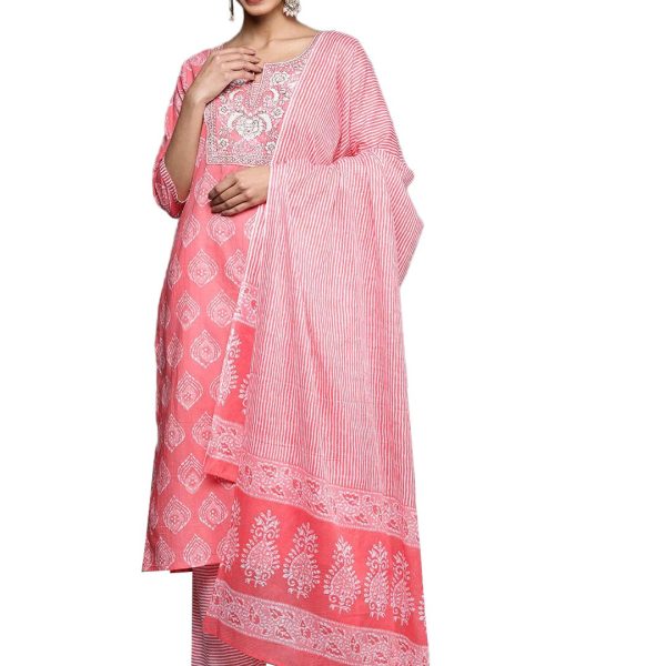 Libas Women Yoke Design Cotton Straight Kurta Trouser With Dupatta Set