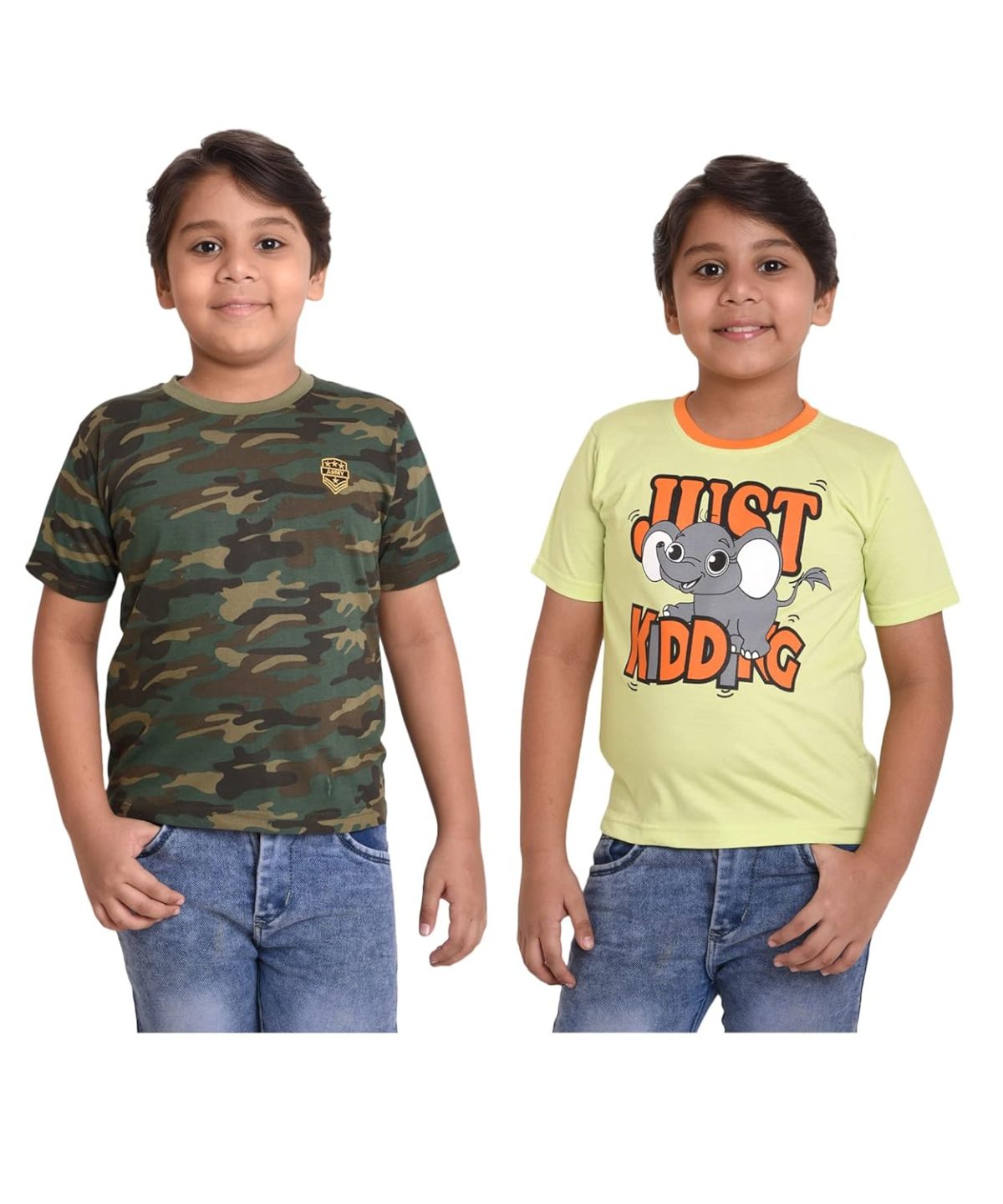 Neo Garments Kid's Boys & Girls Round Neck Cotton T-Shirt Combo|Camouflage (Green) & I CAN’T Keep Calm (Peach Orange) | Pack of 2 - (1Years to 7Years) |
