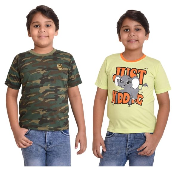 Neo Garments Kid's Boys & Girls Round Neck Cotton T-Shirt Combo|Camouflage (Green) & I CAN’T Keep Calm (Peach Orange) | Pack of 2 - (1Years to 7Years) |