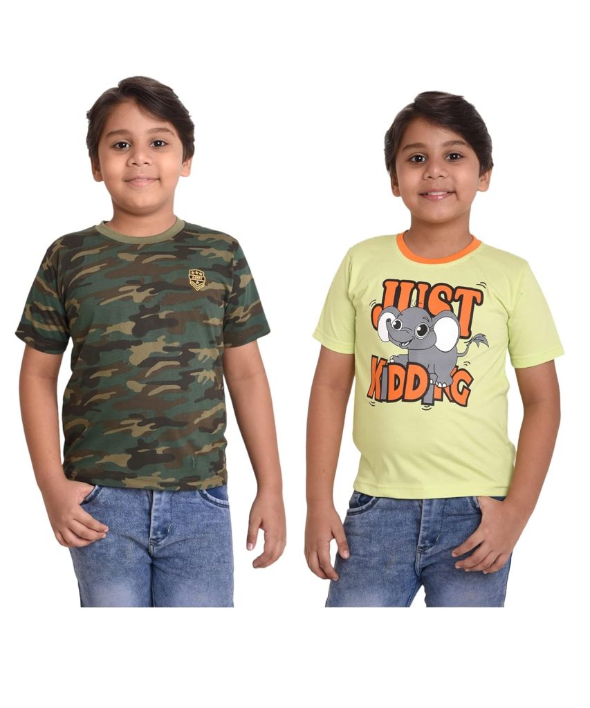 Neo Garments Kid's Boys & Girls Round Neck Cotton T-Shirt Combo|Camouflage (Green) & I CAN’T Keep Calm (Peach Orange) | Pack of 2 - (1Years to 7Years) |