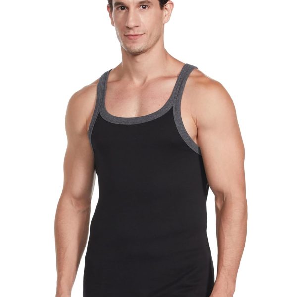 Jockey US27 Men's Super Combed Cotton Rib Square Neck Gym Vest (Shoulder Strap Color May Vary)_Black & Charcoal_L