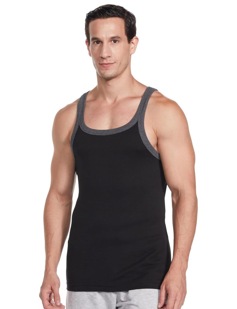 Jockey US27 Men's Super Combed Cotton Rib Square Neck Gym Vest (Shoulder Strap Color May Vary)_Black & Charcoal_L