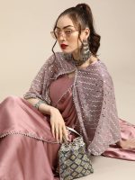 Womanista Women's Satin Saree with Embellished Cape (WM1946_Pink) - Image 3
