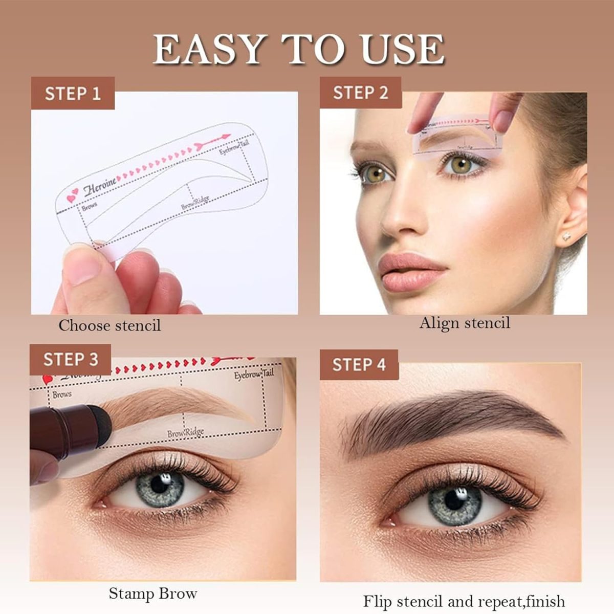 Bonzella Eyebrow Stamp & Stencil Kit for women & Girl,Eyebrow Shaping Kit with 10 Reusable Stencils and 2 Brushes for Eyebrow Makeup, Waterproof Smudge-Proof & Pomade Long Lasting Eye Brow Stamp - Image 4