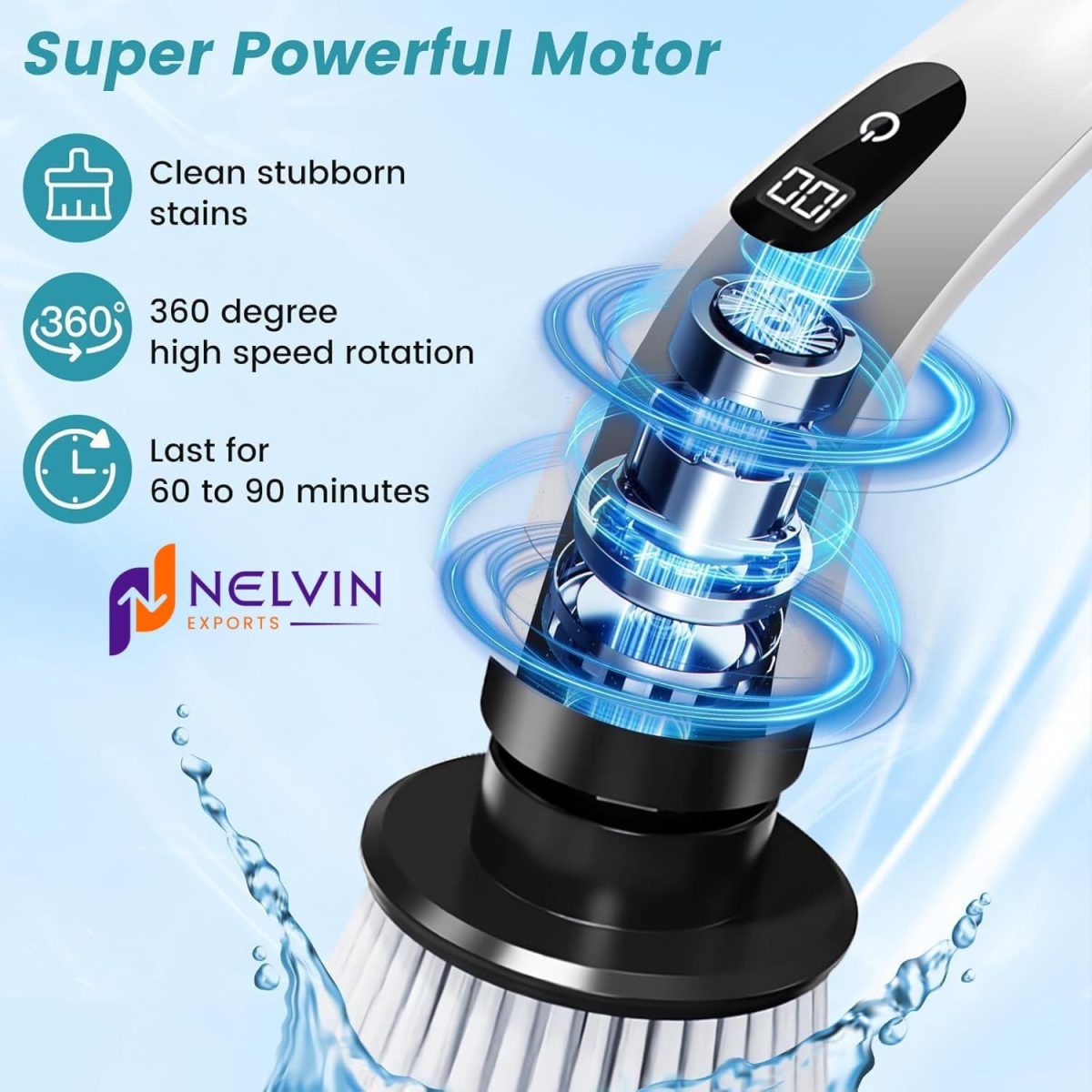 NELVIN EXPORTS Electric Spin Scrubber,Cleaning Brush Scrubber for Home, 400RPM/Mins-9 Replaceable Brush Heads-90Mins Work Time,Adjustable Size,2 Adjustable Speeds for Bathroom Shower Bathtub Glass Car - Image 2