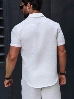 Men's Short Sleeve Button Down Shirt, Textured Geometric Pattern, White, Slim Fit - Image 3