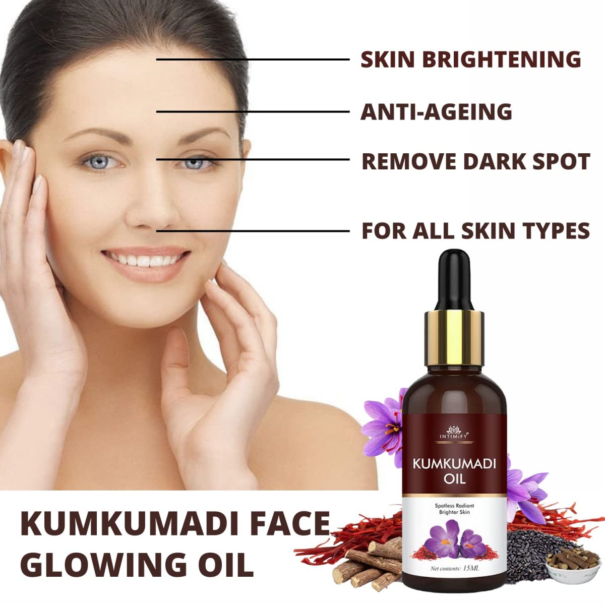 INTIMIFY Kumkumadi Tailam For Face, Kumkumadi Face Oil For Glowing Skin, Face Serum For Wrinkles, Whitening, Lightening & Pigmentation (30 ml) Pack of 1 - Image 3