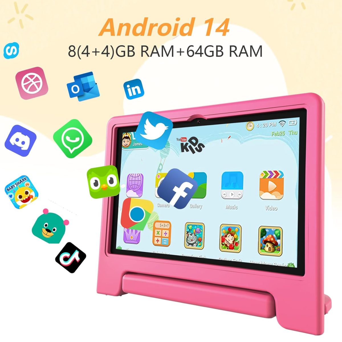 VCFNXLS 10.1" 8GB + 64GB Kids Tablet Android 14 8 Core CPU Educational Apps Parental Controls Wifi 1280x800 HD Screen Cameras Shockproof Battery - Image 2