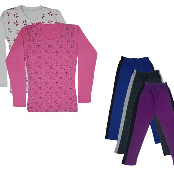 IndiWeaves Girls Cotton Full Sleeve Printed T-Shirts and Cotton Capri 3/4 Pants (Blue,Dark Grey,Purple,White,Pink,8-9 Years) Pack of 5