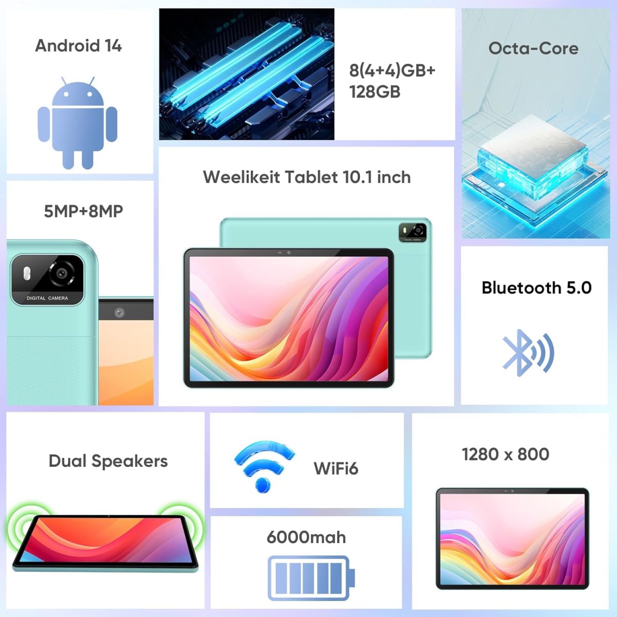 weelikeit Android Tablet, 10.1 Inch Tablet with 1280 x 800 IPS HD Touchscreen, 8GB RAM + 128GB ROM (up to 1TB), 6000mAh Battery, Wi-Fi 5G, Bluetooth 5.0, Dual Camera - Image 6