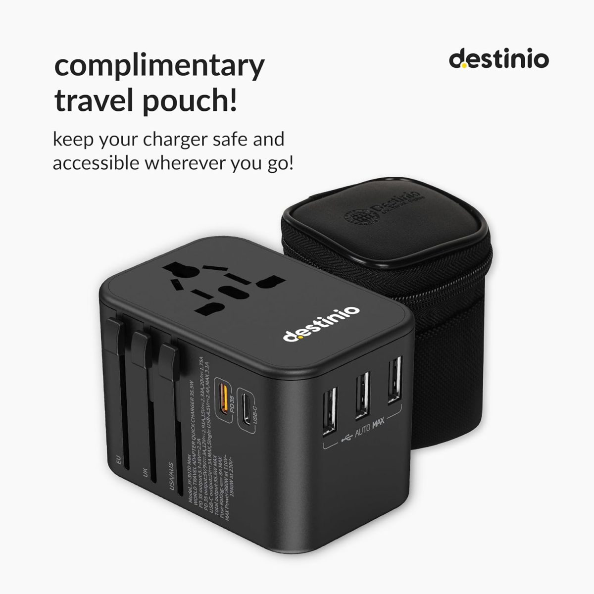 Destinio Universal Travel Adapter- 6-in-1 Fast (35W) Charging with PD/QC 3.0, 2 Type C & 3 USB Ports Universal Charger, International Travel Adapter, All in One Plug, Socket Adaptor - Image 4