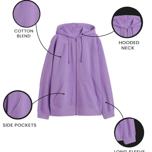 DROBE Plain Solid Cotton Relaxed Fit Hooded Neck Full Sleeve Casual Zipper for Women