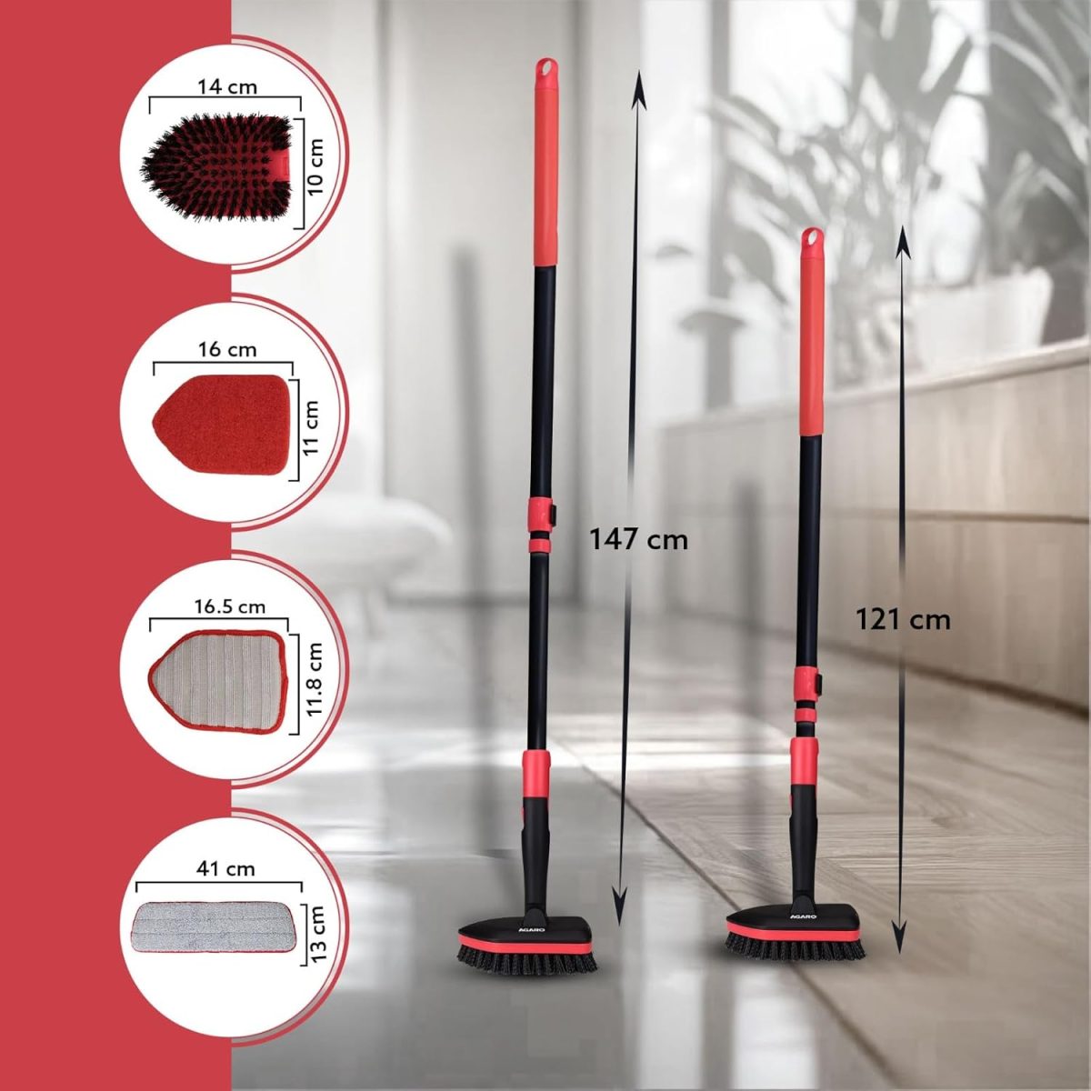 AGARO Elite Cleaning Mop & Brush Set, Bathroom Cleaning Brush, Long Handle, Hard Brush, Microfiber Pad & Scrubber, for Tiles, Kitchen, Toilet, Window Glass, Detachable Head, Black & Red - Image 6