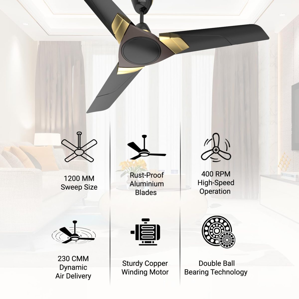 Polycab Aereo Plus Star Rated, 1200mm Ceiling Fan For Home | High Speed & Air Delivery | Saves Up To 33% Electricity, 100% Copper, Rust-Proof Blades, 52 Watt【Matt Black Choclate Gold】 - Image 3