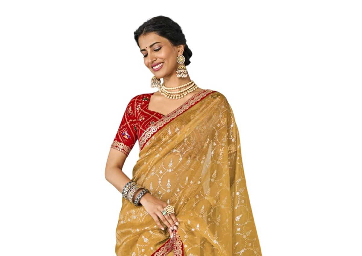Laxmipati Sarees Women's Plain Organza Saree (8132_Mustard) - Image 4