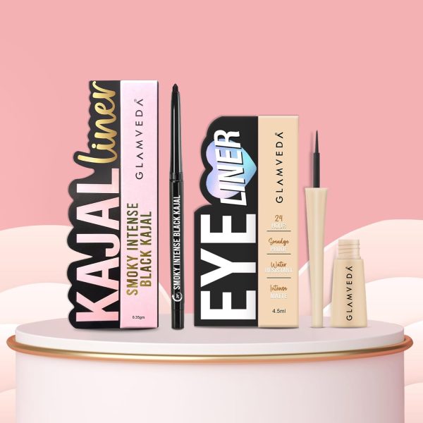 Glamveda Eyeliner & Pencil Kajal Combo Pack | Bold Eye Looks | Smudge-Proof, Long-Lasting | Smoky Liner & Smoky Kajal | Essential Eye Kit | Black, Matte Finish for Women