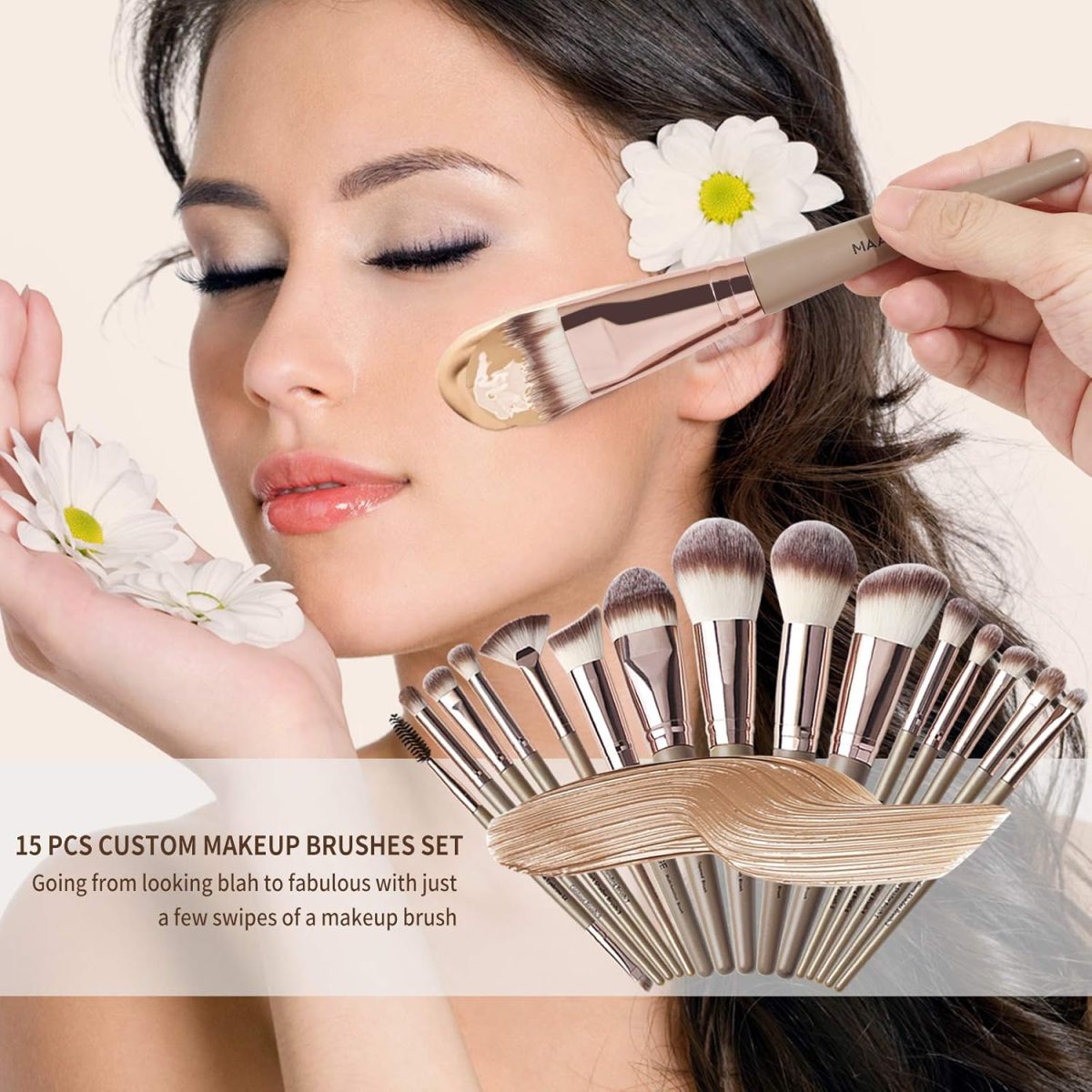 MAANGE Makeup Brushes 15Pcs Makeup Brush Set Premium Synthetic Foundation Face Powder Blush Concealers Make Up Brushes Sets with Makeup Sponge and Brush Cleaner?Champagne) - Image 8