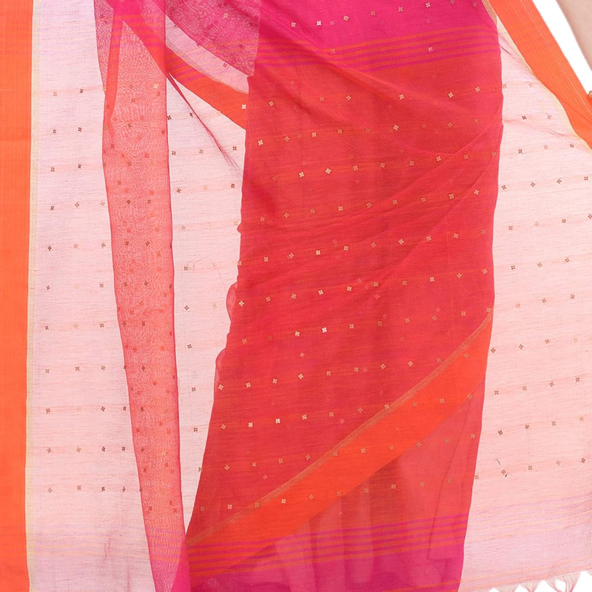 Bengal Cotton Women`s Tant Silk Handloom Cotton Saree Sequence Work With Blouse Piece(Pink Orange) - Image 5