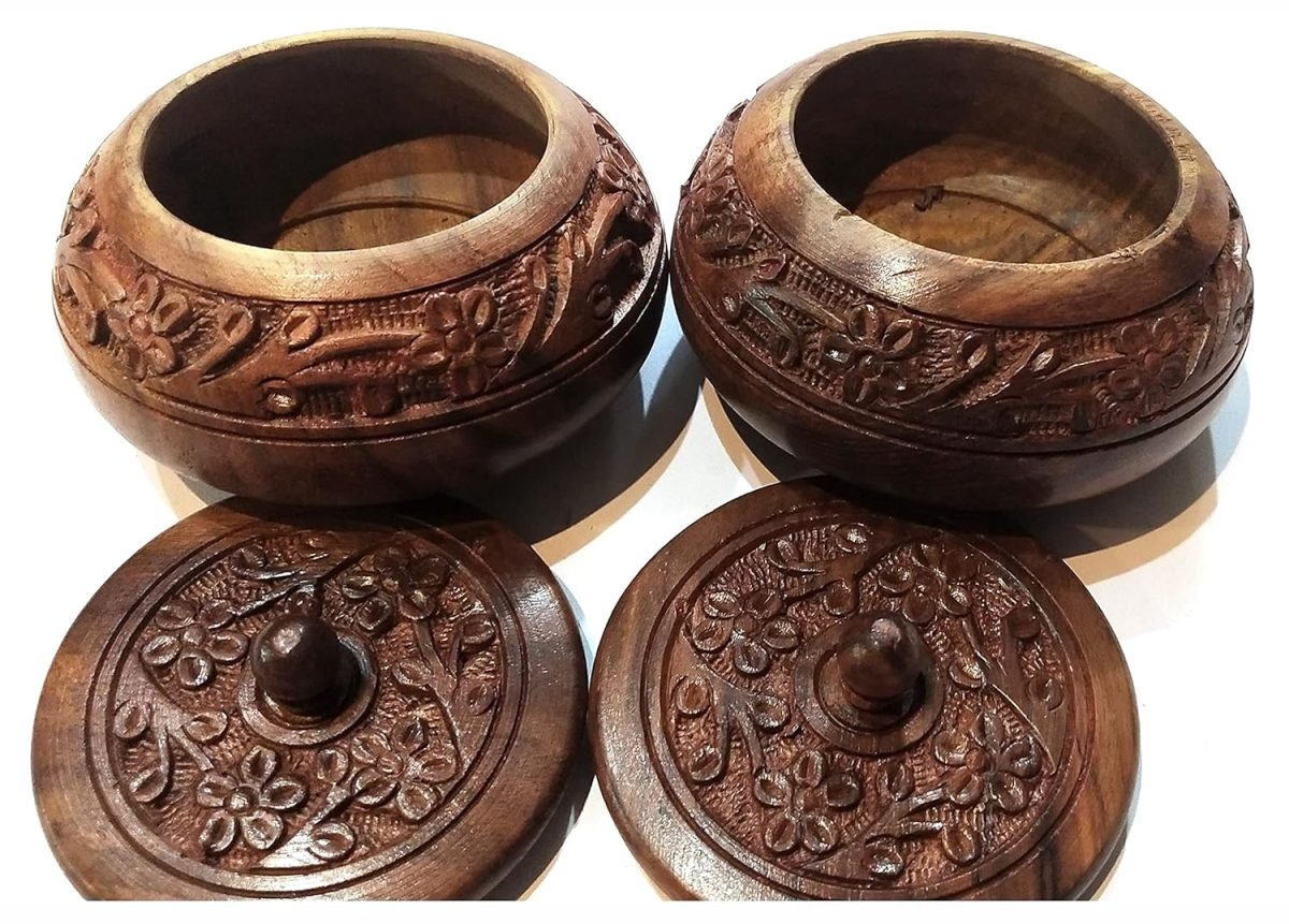 Master Arts Wooden Sindur Dabbi Box for Women - Kumkum Box (Pack of 2), Size 3.5 inch, Shisham Wood Carving Work - Image 2