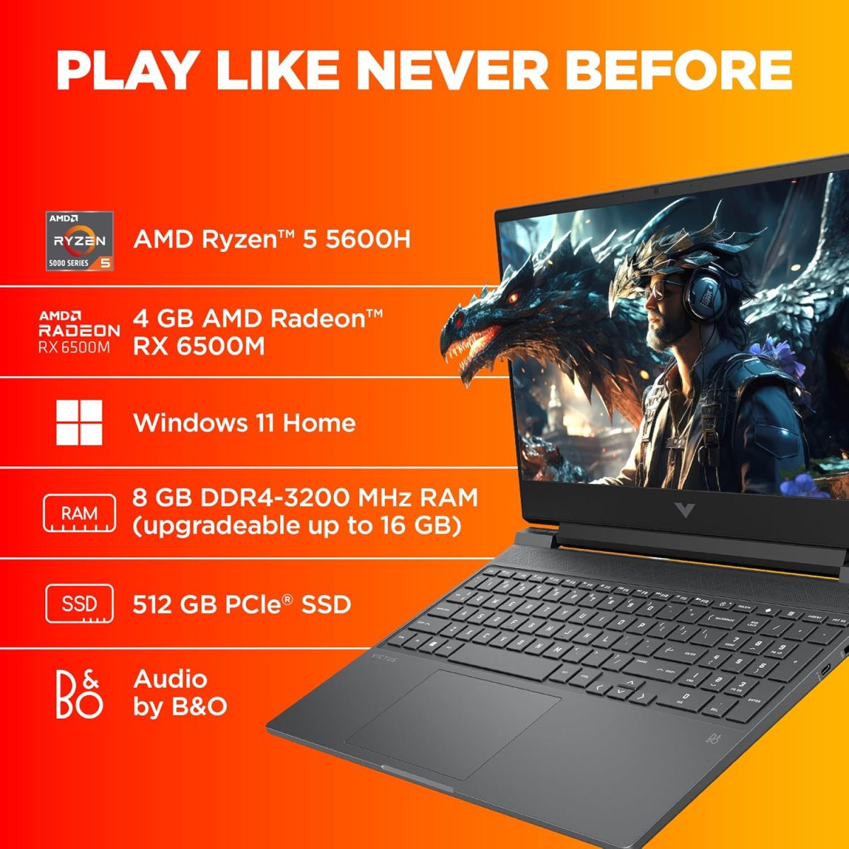HP Victus Gaming Laptop,AMD Ryzen 5 5600H,4GB AMD Radeon RX 6500M Graphics,15.6-Inch (39.6 Cm),FHD,144Hz,8GB DDR4,512GB SSD,Backlit KB,B&O,Dual Speakers (Silver,2.37 Kg),fb0158AX,with Windows 11 - Image 2