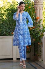 Janasya Women's Blue Pure Cotton Floral Printed Straight Co-ord Set - Image 3