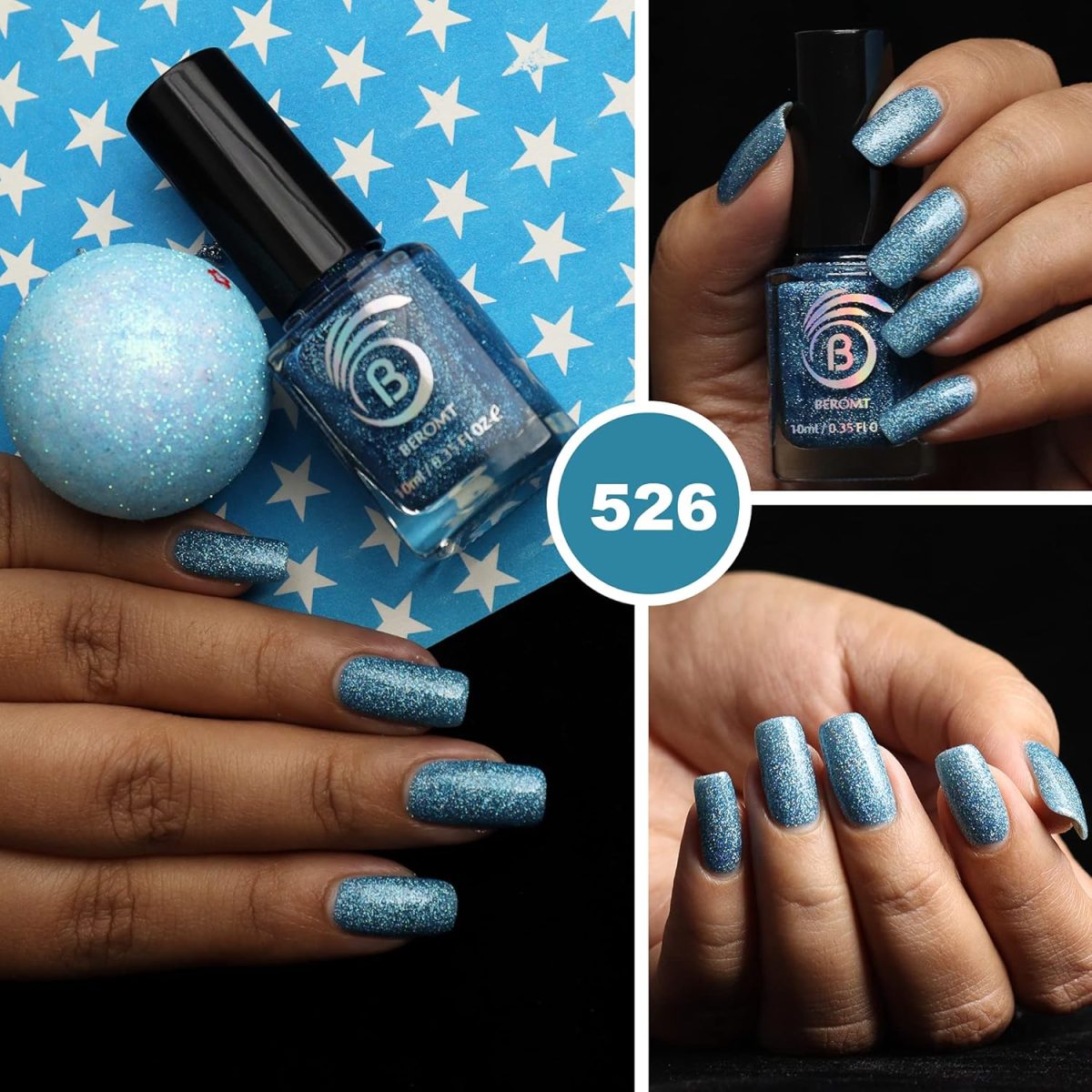 Beromt Blue Wave Holographic Nail Polish, Glitter Nail Paint, Nail Art, Colors, Gel Effect Nail Polish, Best Nail Polish, High-Shine Long Lasting Non-Toxic Professional Nail Polish, 10ml-526 - Image 4