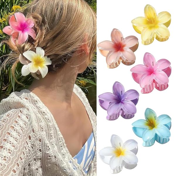 6pcs Claw Clips Elegant Hawaiian Flower Hair Claw Clips - Large, Non-Slip, Strong Hold For Thick & Thin Hair - Vintage Style Flower Clips For Women