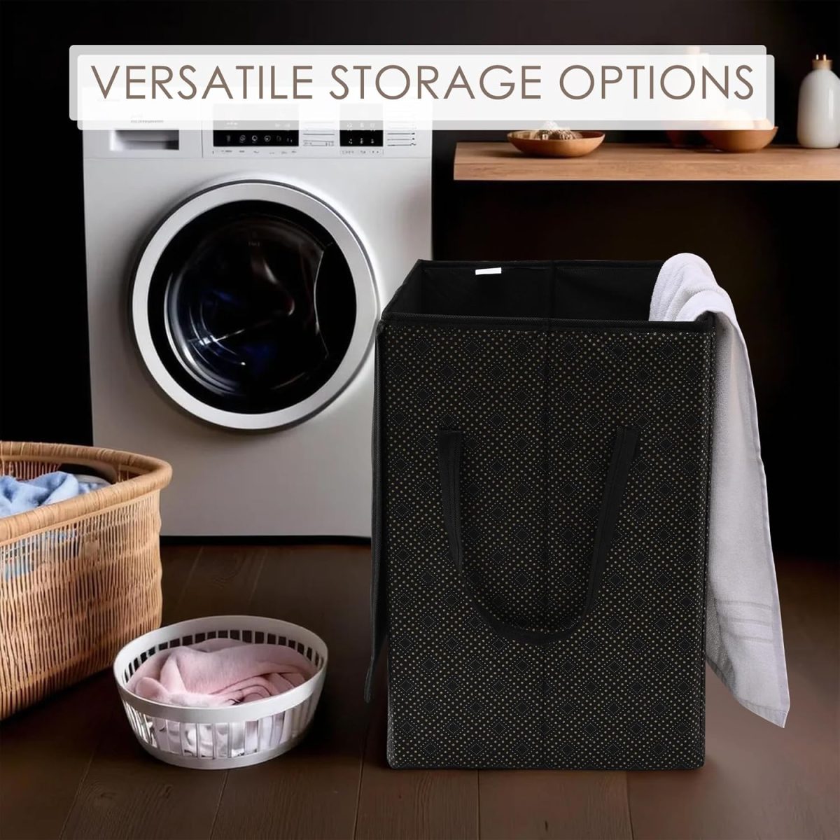 Kuber Industries Non Woven Clothes Basket (75 Ltr) Toy Storage Box | Foldable Laundry Bag | Lid & Handles | Clothes Dress Bin | Washing Cloth Basket | Golden Dot | Dhakkan Box | Black, 370 Mm, 530 Mm - Image 4