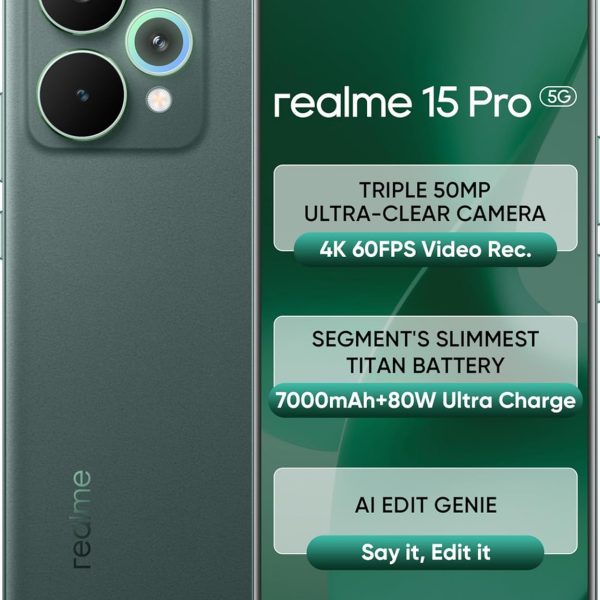 realme 15 Pro 5G (Velvet Green, 12GB RAM, 256GB Storage) | 6.8" FHD+ AMOLED 120Hz | 50MP Triple AI Camera | 50MP Selfie | Snapdragon 7 Gen 4 | 7000mAh | 80W Fast Charging | Android 15 | Dual SIM