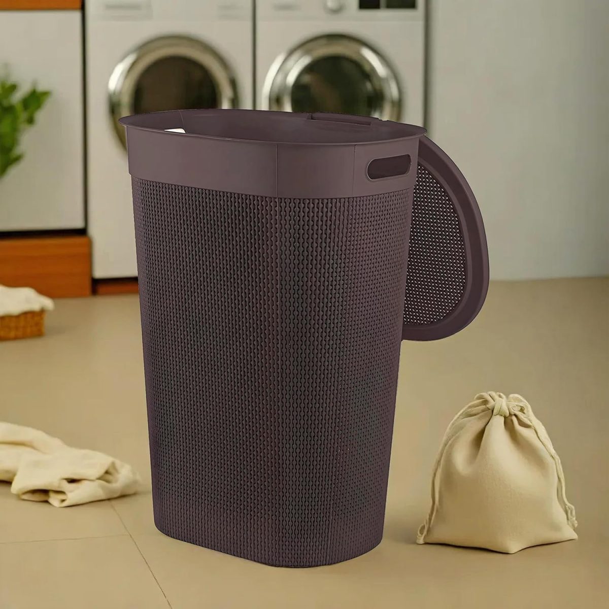 Kuber Industries Plastic Big Large Multipurpose 55 Ltr Washing Clothes Storage Basket with Lid & Handle | Waste Clothes Laundry Basket/Hamper Bins for Blankets, Toys, Bathroom & Bedroom | Brown - Image 6
