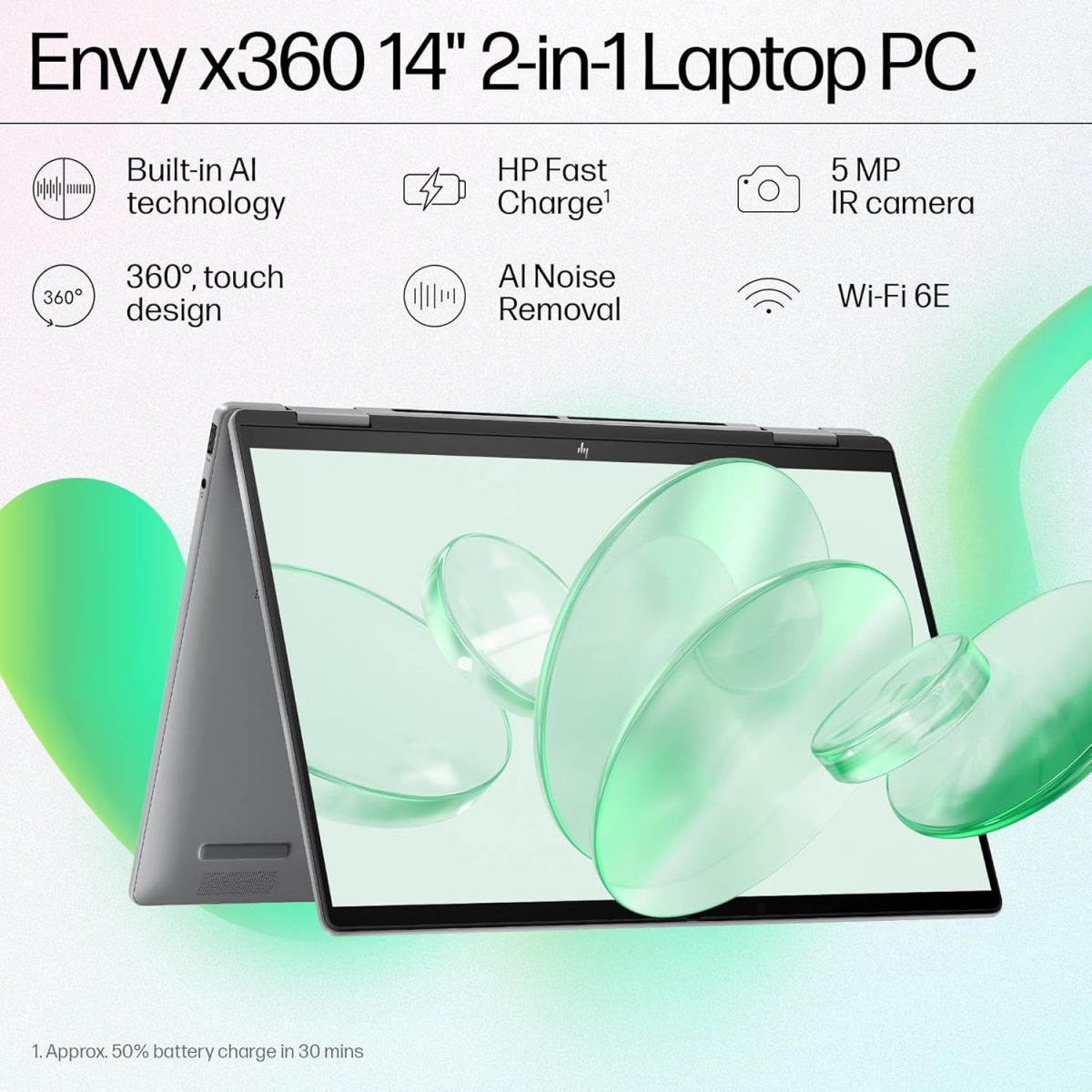 HP Envy x360, Intel Core Ultra 7-155U AI Laptop (16GB RAM, 512GB SSD) Touchscreen 2-in-1, IPS, WUXGA, 14"/35.6cm, Win 11, MS Office 2021, Silver, 1.39Kg, Integrated Graphics, 5MP IR Camera, fc0106TU - Image 2