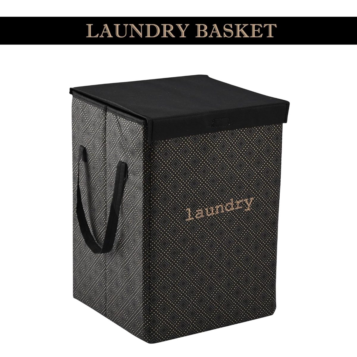 Kuber Industries Non Woven Clothes Basket (75 Ltr) Toy Storage Box | Foldable Laundry Bag | Lid & Handles | Clothes Dress Bin | Washing Cloth Basket | Golden Dot | Dhakkan Box | Black, 370 Mm, 530 Mm - Image 2
