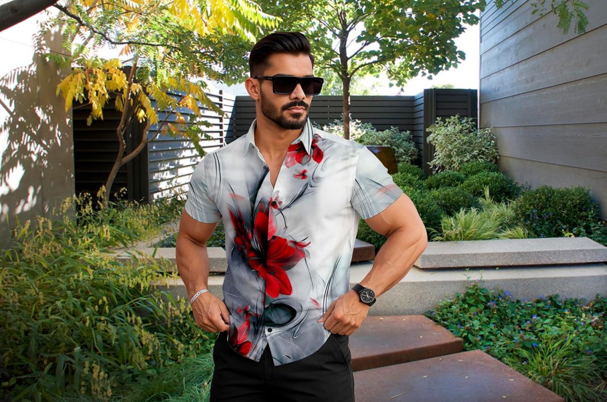 Le Pery Floral Print Short Sleeve Men's Shirt, White with Red Flowers, Casual Summer Wear Stylish | Man's Printed | Half Sleeve | Formal Shirts for Man | Regular Fit - Image 4