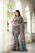 Aany's Culture Viscose Modal Silk Printed Banarasi Zari Border Saree With Tassels and Blouse Piece - Image 3