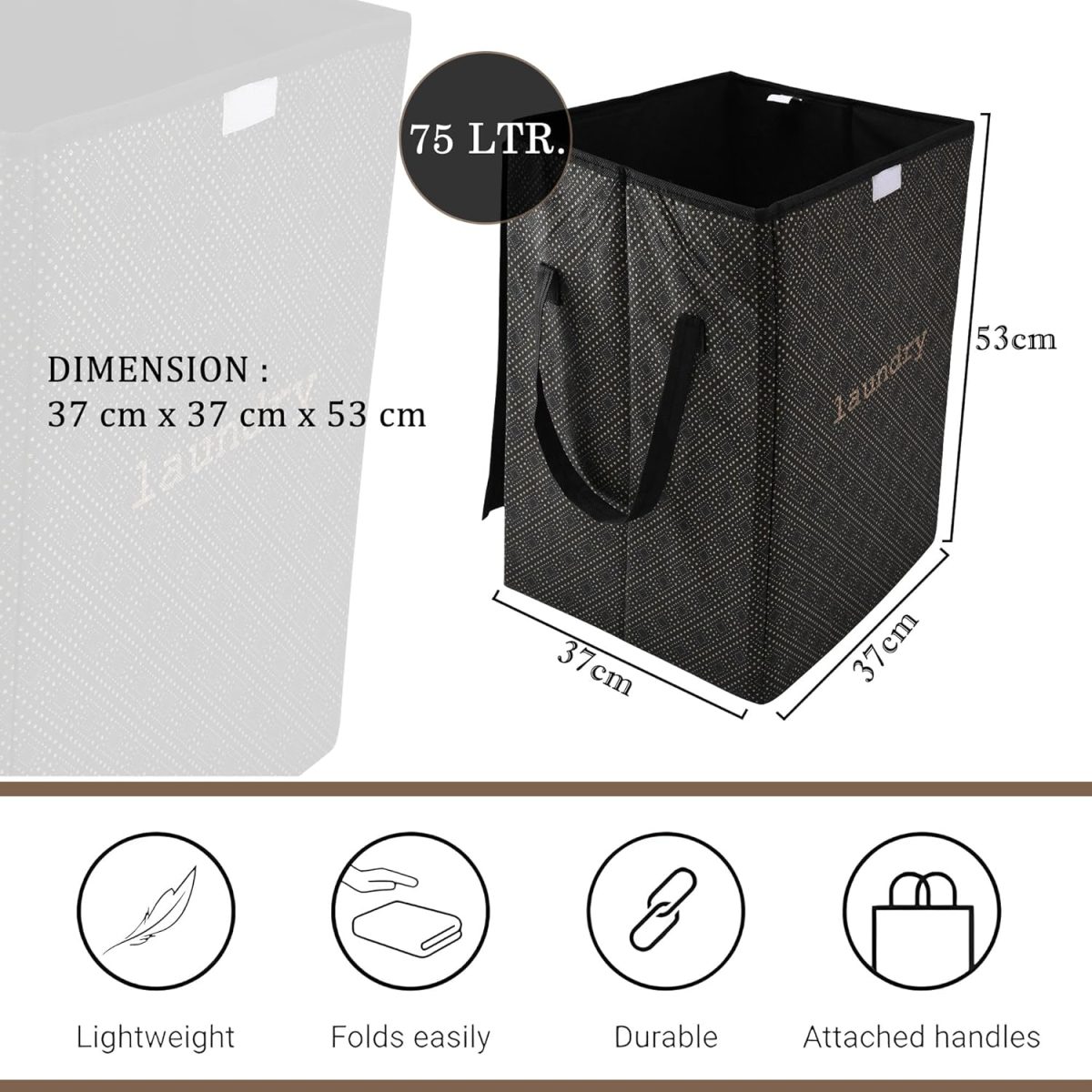 Kuber Industries Non Woven Clothes Basket (75 Ltr) Toy Storage Box | Foldable Laundry Bag | Lid & Handles | Clothes Dress Bin | Washing Cloth Basket | Golden Dot | Dhakkan Box | Black, 370 Mm, 530 Mm - Image 3